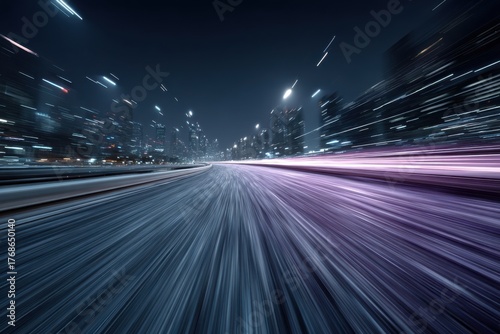 Dynamic city nightscape with blurred lights and futuristic speed motion