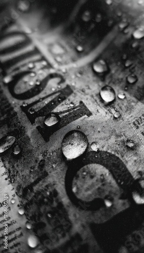 Macro Close-Up of Bold Headline with Raindrops in Black-and-White Artistic Style