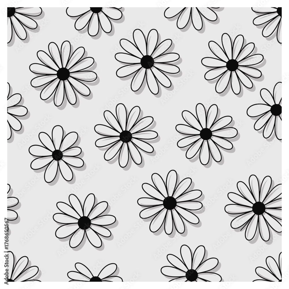 Obraz premium This delightful seamless daisy pattern features hand-drawn black and white flowers arranged evenly across a light gray background. The simple, clean lines and soft contrast create a timeless look.