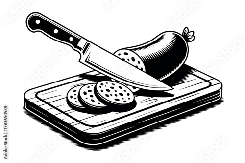 Illustration of sliced sausage with knife on a wooden cutting board