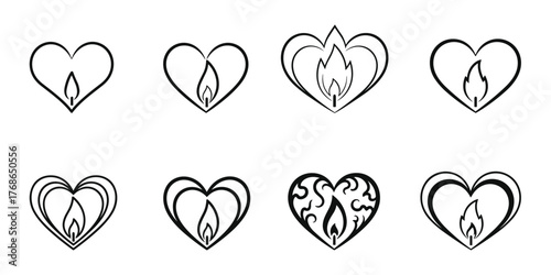 Heart flame, passion symbol, burning love, romantic fire, stylized heart, flame design, silhouette icon, emotional heat, vector illustration, abstract art