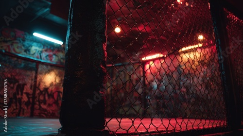 Moody Underground Fight Cage with Neon Red Highlights