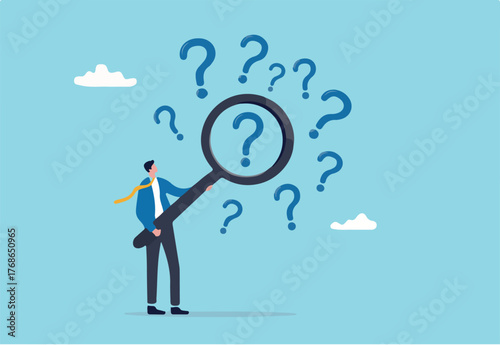 Problem analysis or problem management, analyze or investigate for root cause or incident, finding solution or discover threat or uncertain, businessman with magnifying glass analyze question marks.