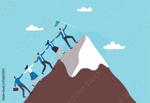 Teamwork to help success together, leadership to lead team to achieve goal or target, cooperation or support to help employee concept, businessman leader manager help colleagues to reach mountain top.