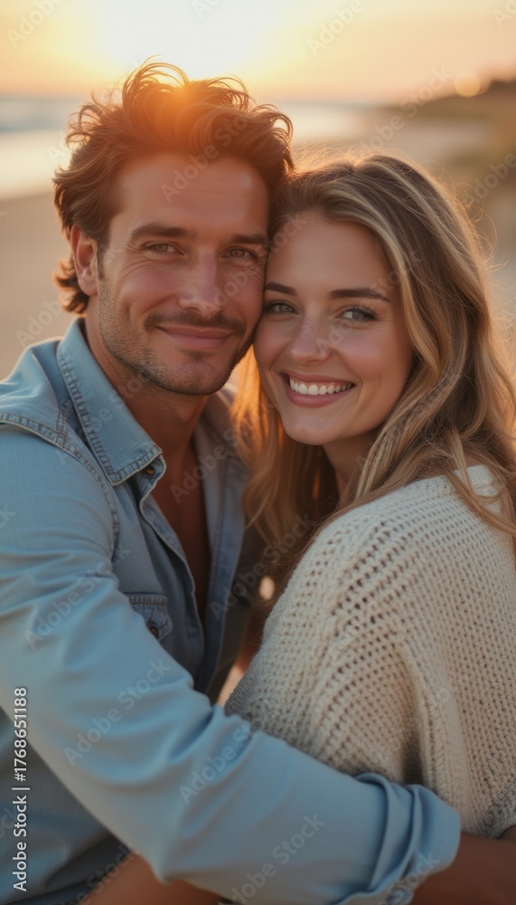 Fototapeta premium Joyful couple embracing at sunset on the beach