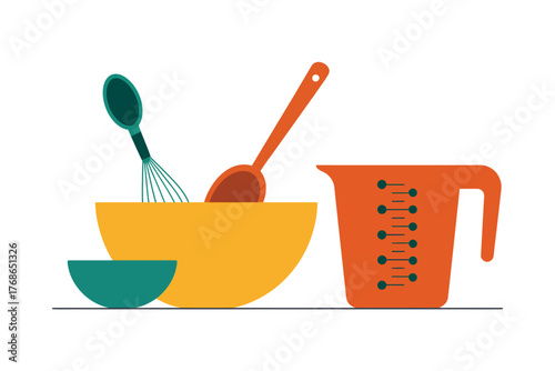 Illustration of kitchenware with bowl whisk spoon and measuring cup