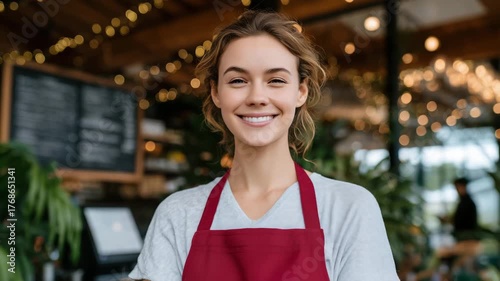 Woman in red apron leaning slightly forward, smiling confidently, illuminated restaurant menu board and decorative hanging lights visible, interior cozy and modern