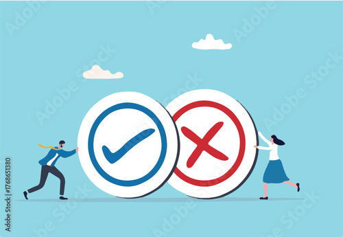 Pros and cons, do and dont or negative vs positive, comparison or advice article, yes or no, good or bad idea concept, business people holding big pros and cons, right and wrong symbols