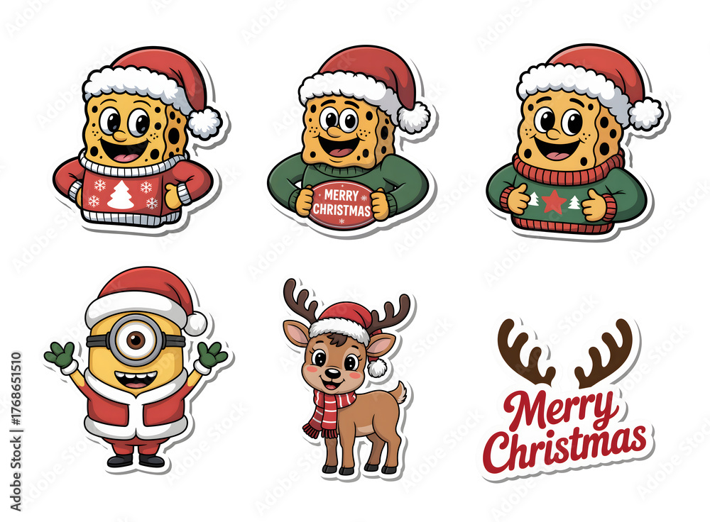Fototapeta premium A Group of Cheerful sponge Christmas character sticker with festive holiday joy.