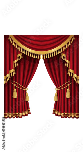 Red curtains with gold trim and tassels open to a white background.