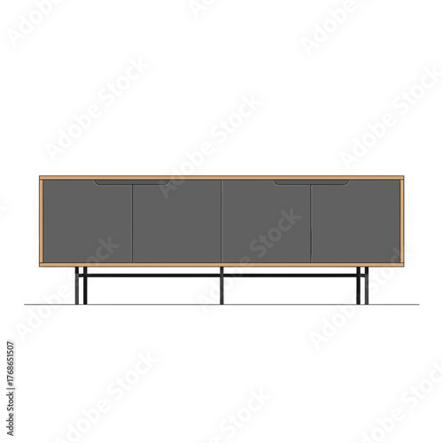 Gray sideboard with light wood trim and metal legs on white background.