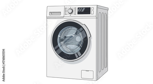 White front loading washing machine appliance isolated on a white background.