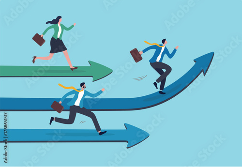 Taking initiative be first to try different way and discover new opportunity, creative way to success and win competition, leadership skill concept, businessman taking initiative run in different way.