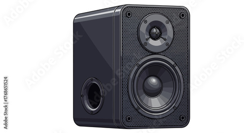 Black speaker with tweeter and woofer on white background studio shot.
