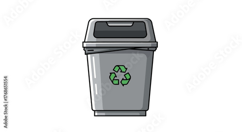 Gray recycling bin with green recycle symbol isolated on white background.