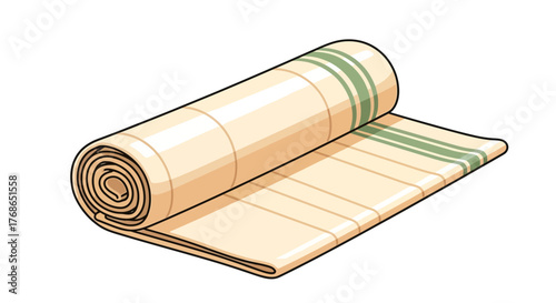 Rolled beige fabric with green stripes on white background illustration.