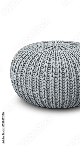 Round gray knitted pouf or ottoman on a white background studio shot.