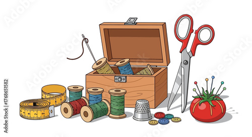 Sewing kit with wooden box spools of thread scissors measuring tape and pins.