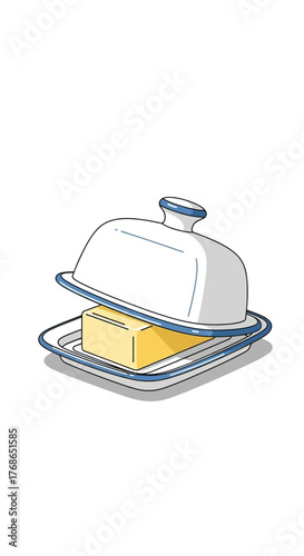 Butter dish with butter inside on a white background illustration style.
