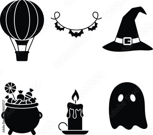 Halloween icons silhouette collection featuring hot air balloon witch hat and ghost
