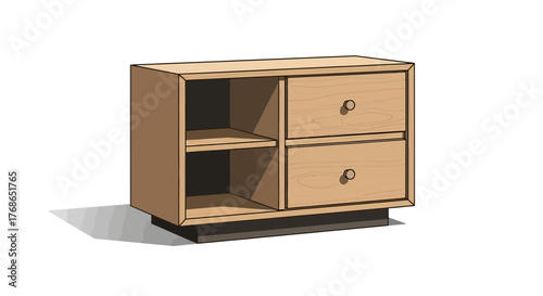 Wooden cabinet with two drawers and open shelving on a white background.
