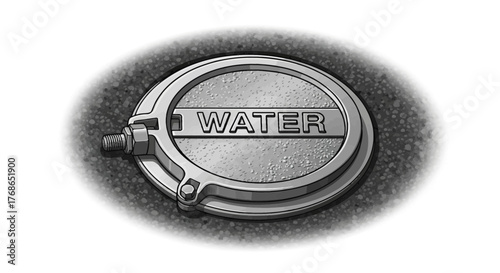 Metal water access cover in ground with text water in grayscale.