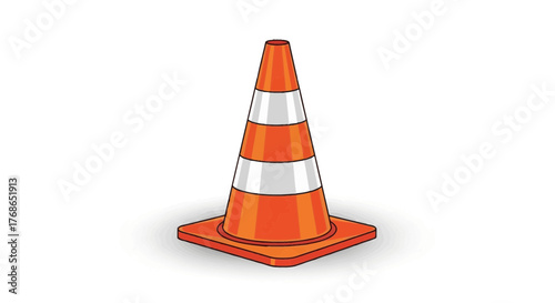 Orange traffic cone with white stripes on a white background.