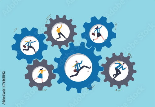 Teamwork collaborate to achieve business goal, team members help and support, cooperate or partnership concept, businessman and woman running on cogwheel or gears rotate in sync to get work done.