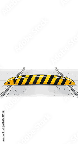 Yellow and black striped speed bump on a road surface.