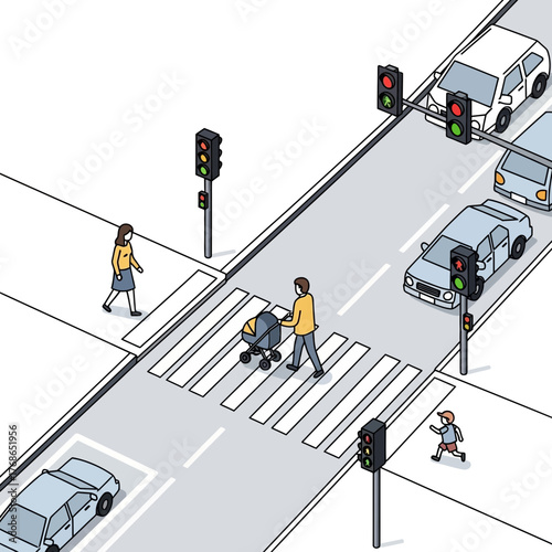 Illustration of people crossing a street at a crosswalk with cars.