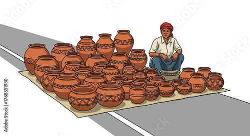 Person sitting near many pottery pots on a mat beside a gray road.