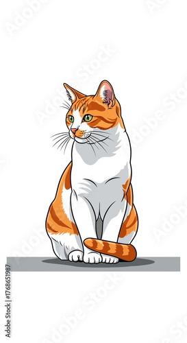 Illustration of a seated orange and white cat on a gray surface.