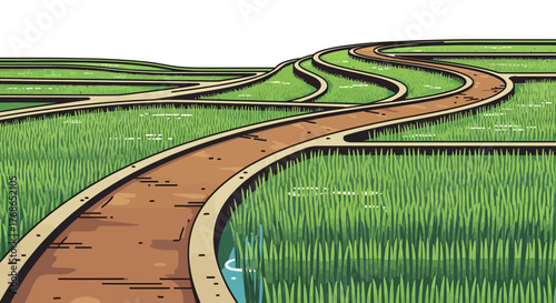 Winding path through green rice fields illustration agriculture landscape rural scene.