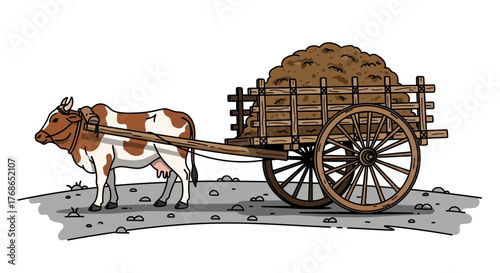 Ox pulling a wooden cart loaded with hay or manure on a gravel surface.