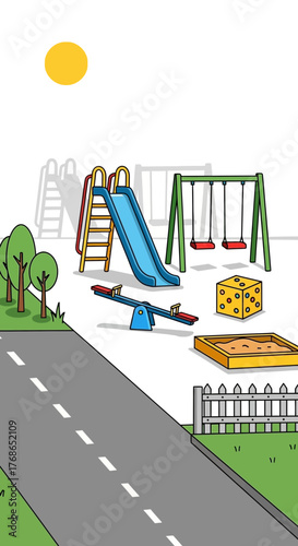 Cartoon illustration of a playground with slide swings seesaw and sandbox.
