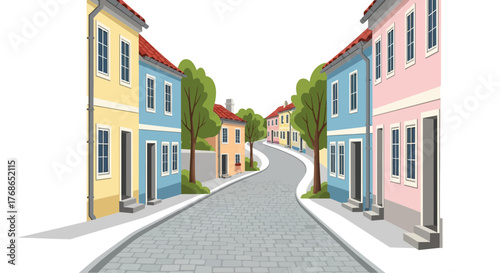Cartoon street with colorful buildings and trees on a white background.