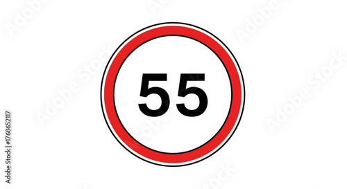 A circular road sign shows the number 55 inside a red ring.