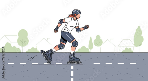 Person on roller skates skating on a road with houses and trees.