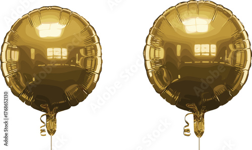 Gold balloon, party decoration, metallic shine, celebration icon, vector illustration, festive symbol, glossy surface, minimal design, ribbon detail