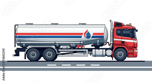 Red and white tanker truck on road against white background side view.