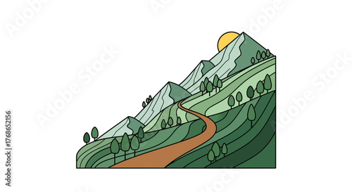 Illustration of a winding path through green mountains with trees and a sun.