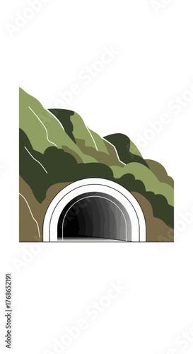 Illustration of a tunnel entrance in a hillside with green and brown colors.
