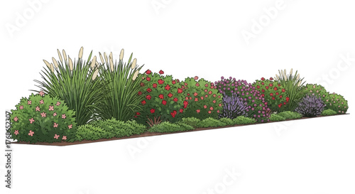 Row of various plants and flowers in a garden setting on white.