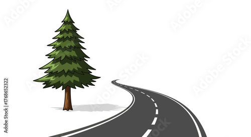 Cartoon road curves past a pine tree against a white background.