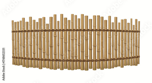 Curved bamboo fence against a white background with horizontal rope supports.