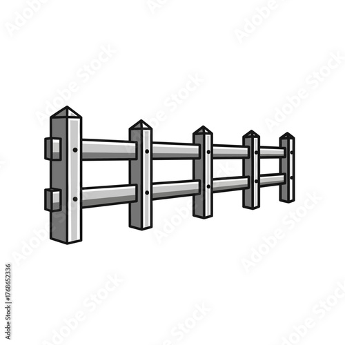 Gray wooden fence illustration with posts and horizontal rails on white background.