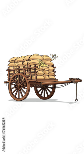 Wooden cart filled with sacks isolated on white background.
