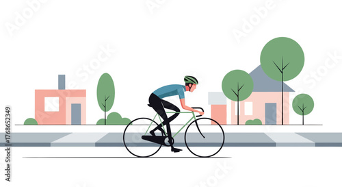 Person rides bicycle on road with houses and trees in background.