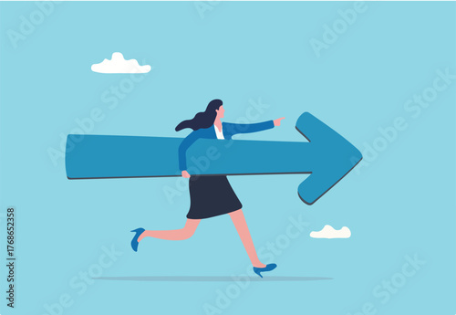 Move forward for success future, business direction, determination or courage, career path or way to success, opportunity or mission concept, confidence businesswoman running with arrow direction.