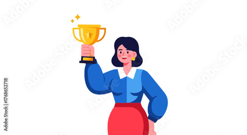 Woman Celebrates Triumph Holding Award Cup Against Black Background With Gleam